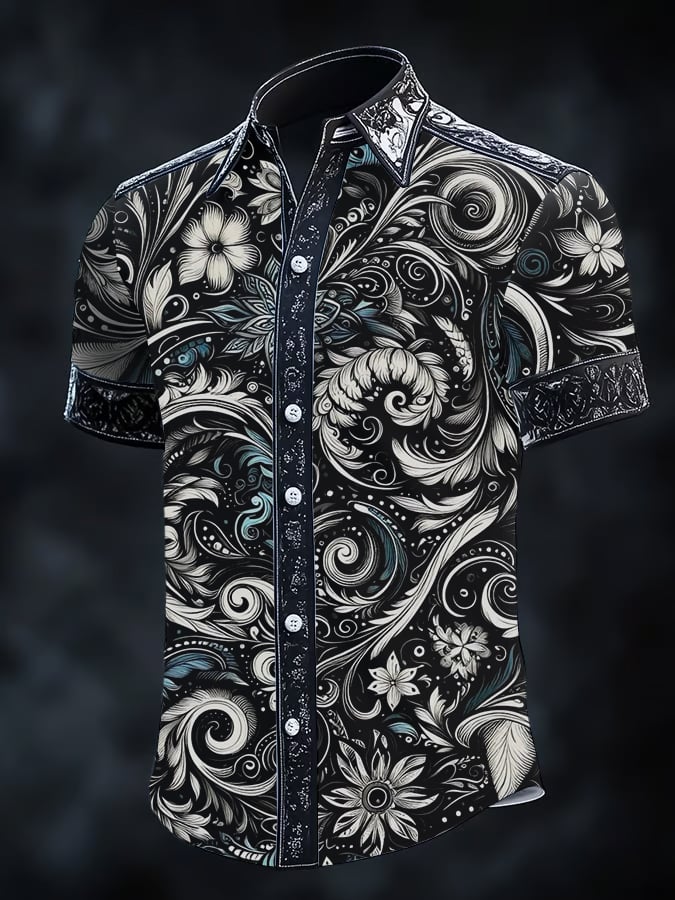 Camisa vintage Dark Baroque estampado de manga corta para hombre