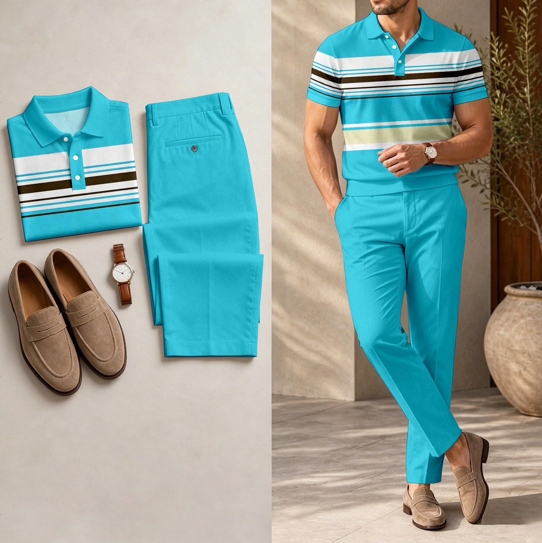 Conjunto de dos piezas casual Royal Blue Geometric estampado camisa polo And pantalón para hombre