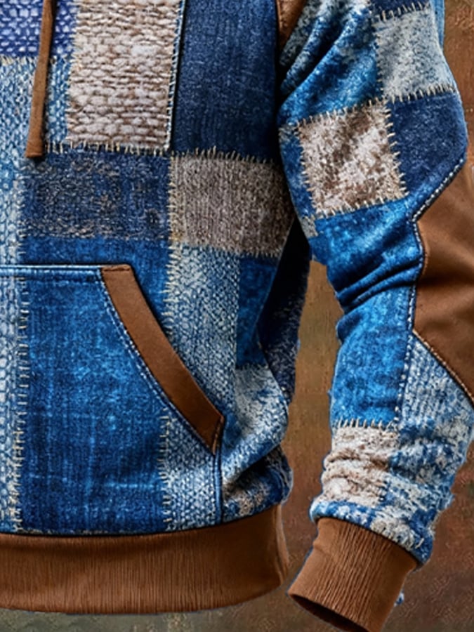 Sudadera retro desgastado en bloques de color estampado casual de manga larga para hombre