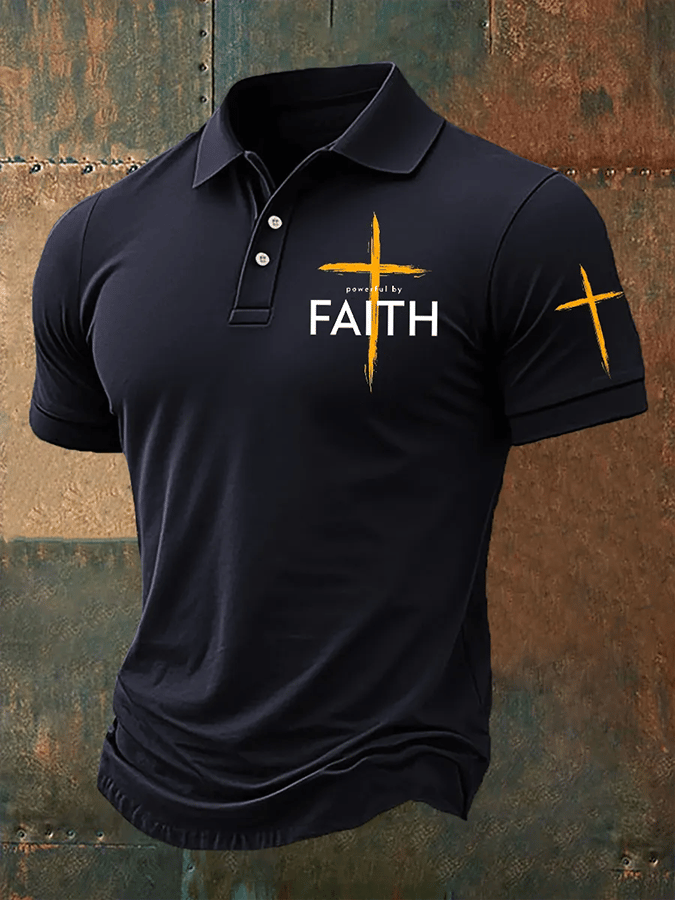 Camisa polo vintage Faith “Faith Over Fear” estampado casual para hombre