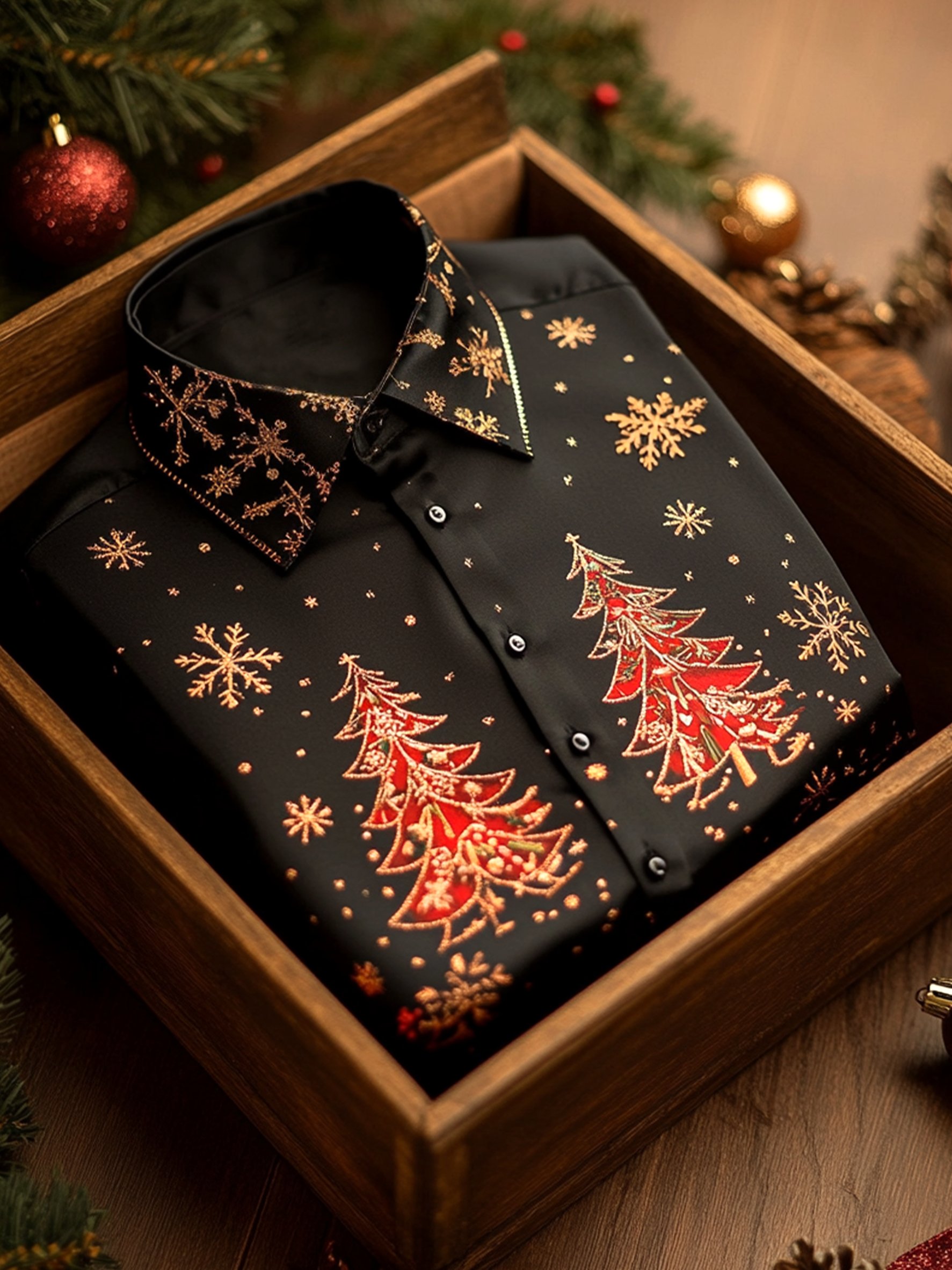 Camisa satén de lujo Christmas Party de manga larga con botones para hombre