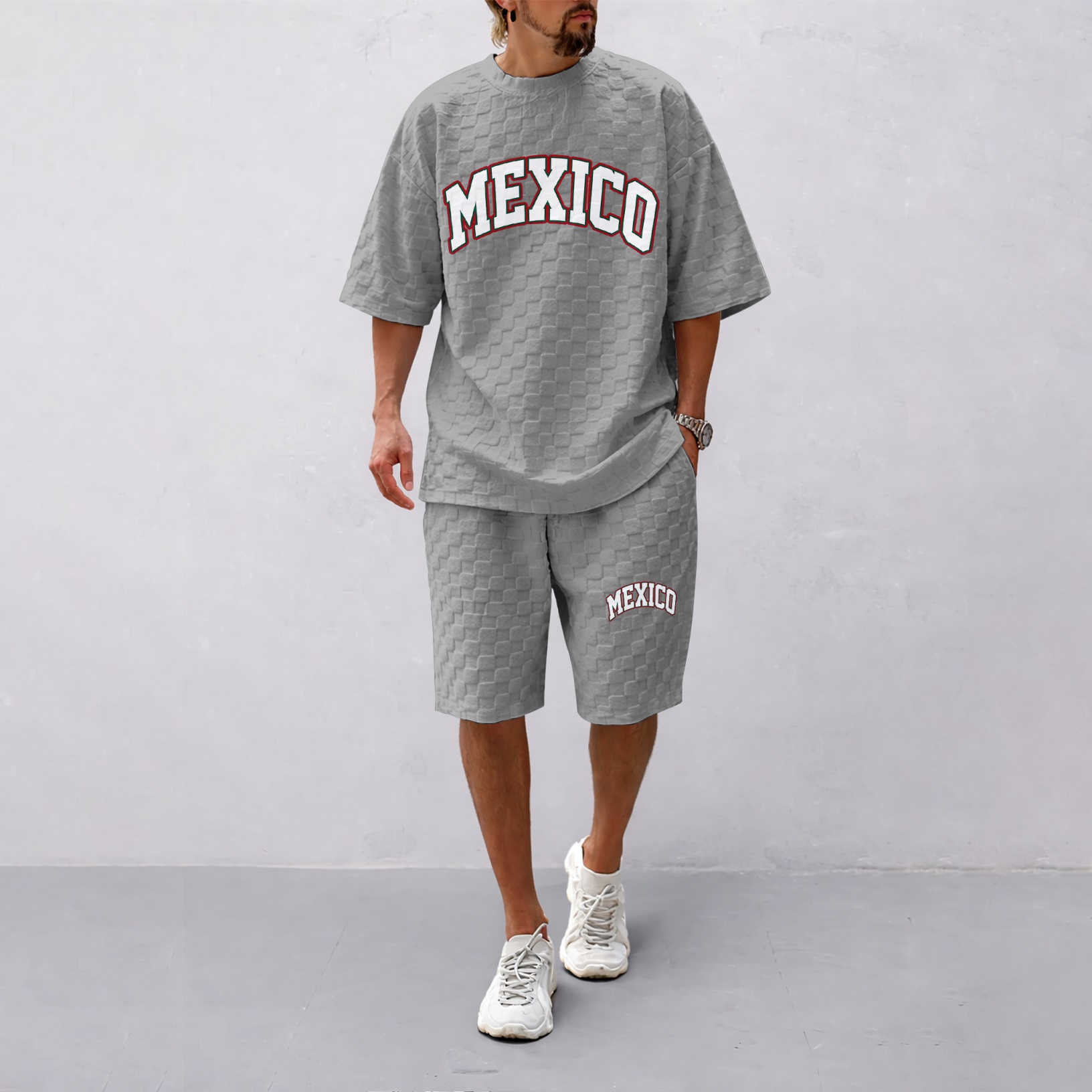 Camisa Spring/Summer Mexican-estampado a cuadros Drawstring shorts Set—A casual summer outfit featuring a de manga corta and shorts, ideal for both everyday wear and athletic activities para hombre