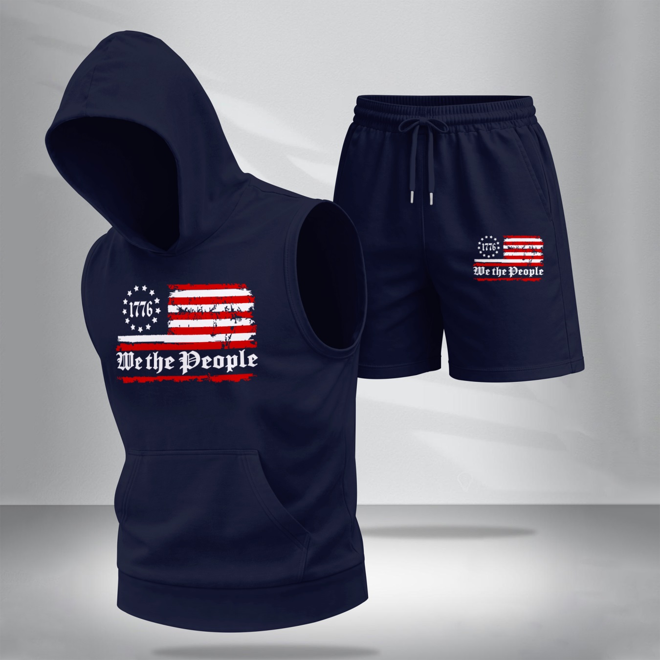 Conjunto de dos piezas American Flag estampadoHooded Tank Top & shorts Set, Regular Fitcasual Athletic de moda Activewear SleevelessTop & shorts, Summer Clothes para hombre