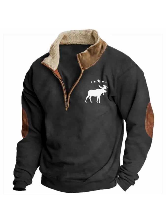 Sudadera retro Moose Creek Ethnic estampado Plush Half Open cuello Pullover para hombre