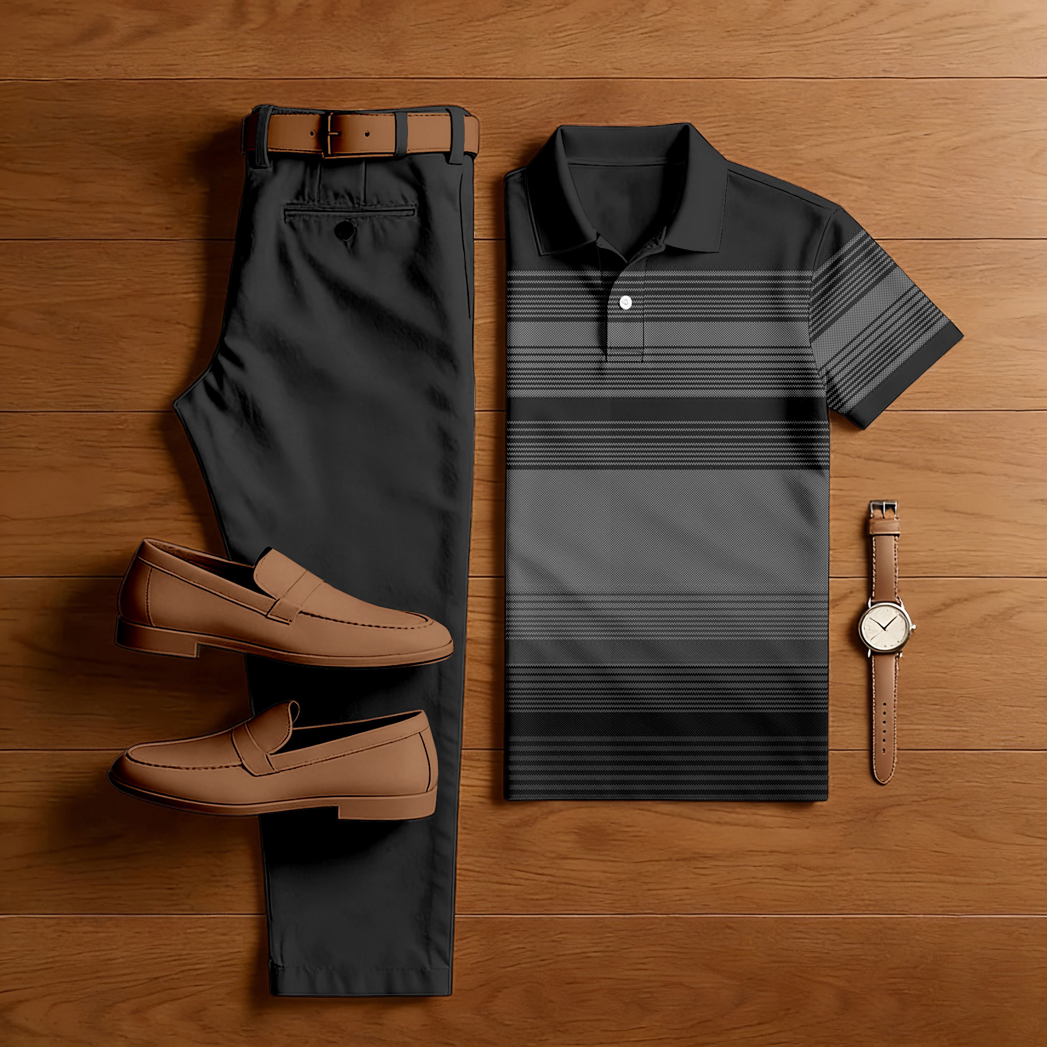 Conjunto de dos piezas casual Black & Gray Color Matching a rayas estampado de manga corta camisa polo & Trousers para hombre