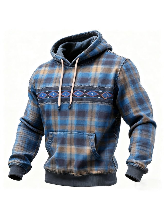 Sudadera casual retro a cuadros estampado de manga larga Hooded para hombre