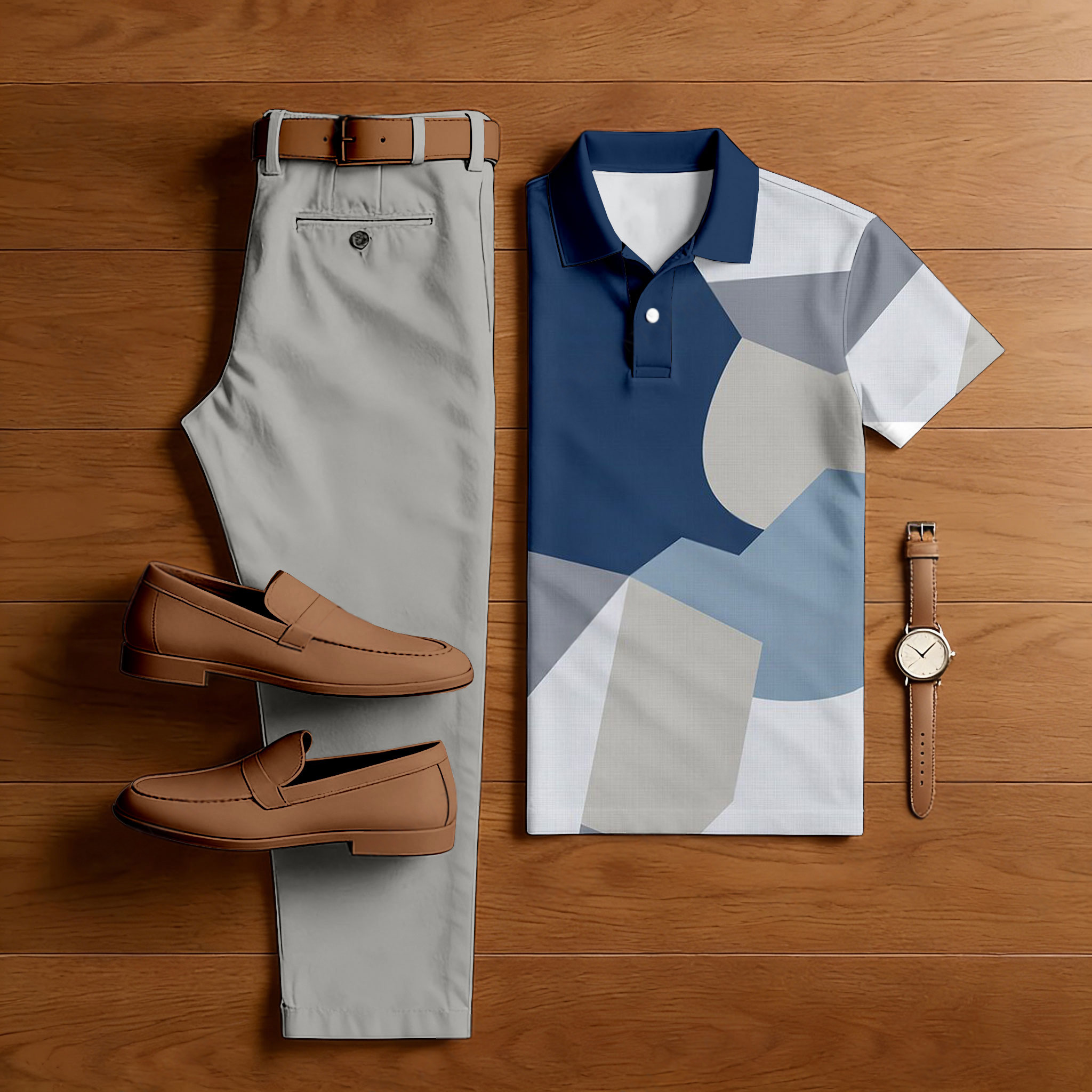 Conjunto de dos piezas casual Gray & Navy Color Matching Geometric estampado de manga corta camisa polo & Trousers para hombre
