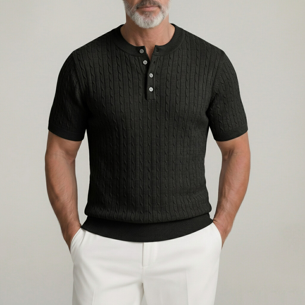 Camisa de color sólido Buttons Cable tejidoted de manga corta casual Henley para hombre