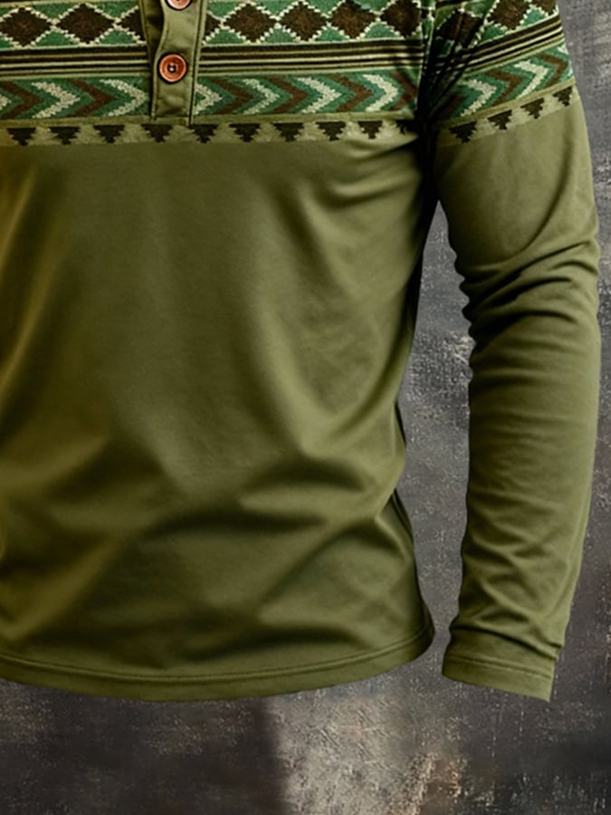 Camiseta retro Stitching Contrast Color Henley cuello de manga larga para hombre