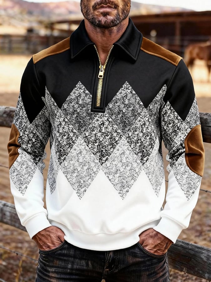 Sudadera retro en bloques de color estampado cierre para hombre