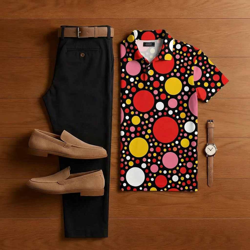 Conjunto de dos piezas casual Red Polka Dot de manga corta camisa And shorts para hombre