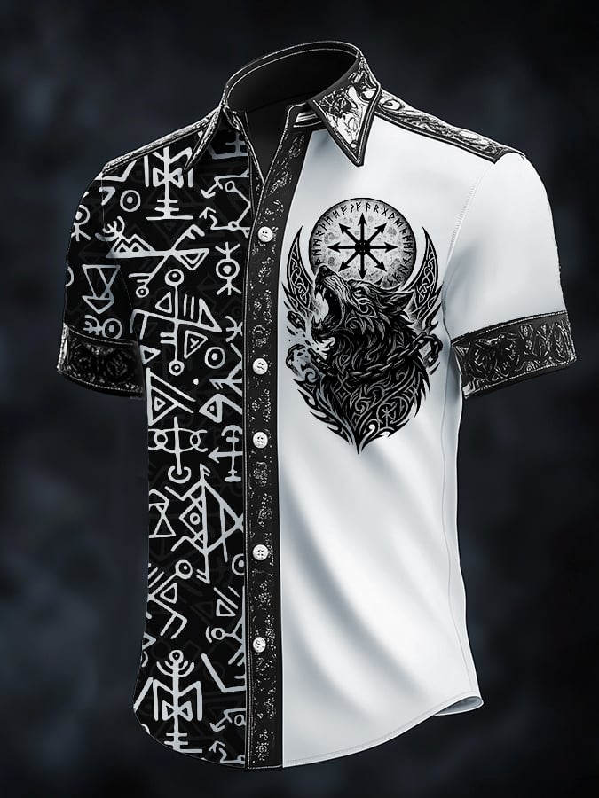 Camisa casual Dark Viking Wolf estampado satén para hombre