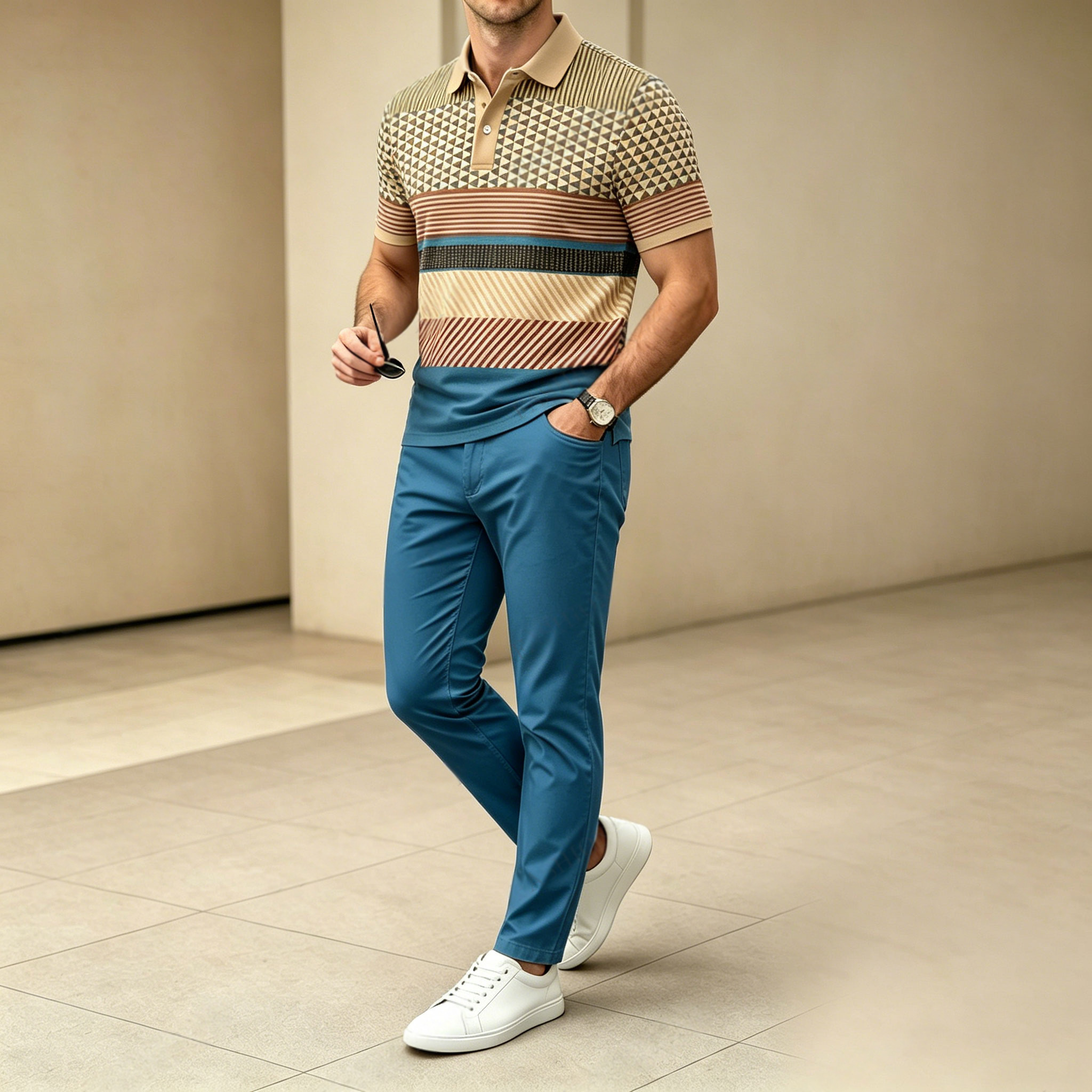 Conjunto de dos piezas casual Khaki rayas estampado camisa polo And pantalón para hombre