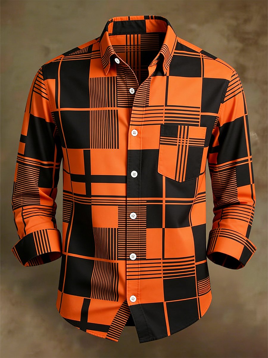 Camisa retro ejecutivo Bag House Geometric de manga larga para hombre