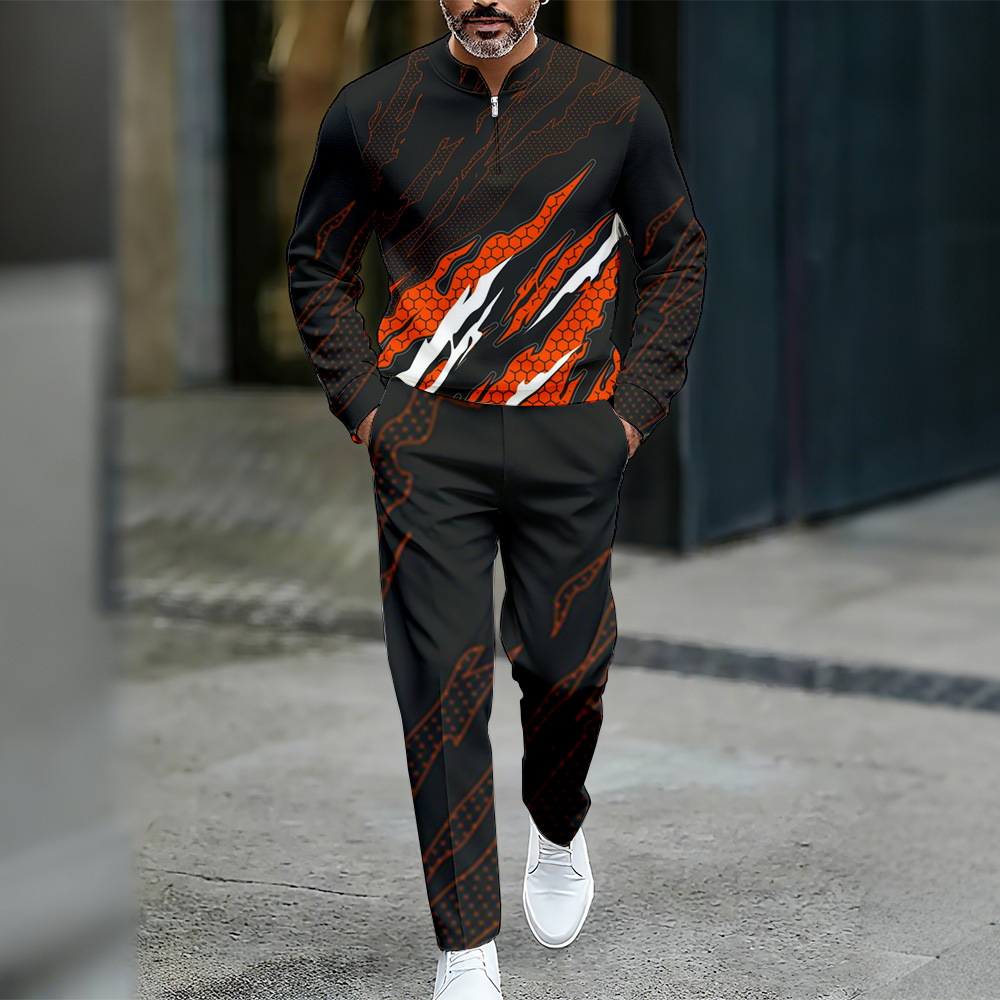 Conjunto de dos piezas casual Color Matching estampado Round-Neck Zipper de manga larga Trousers para hombre