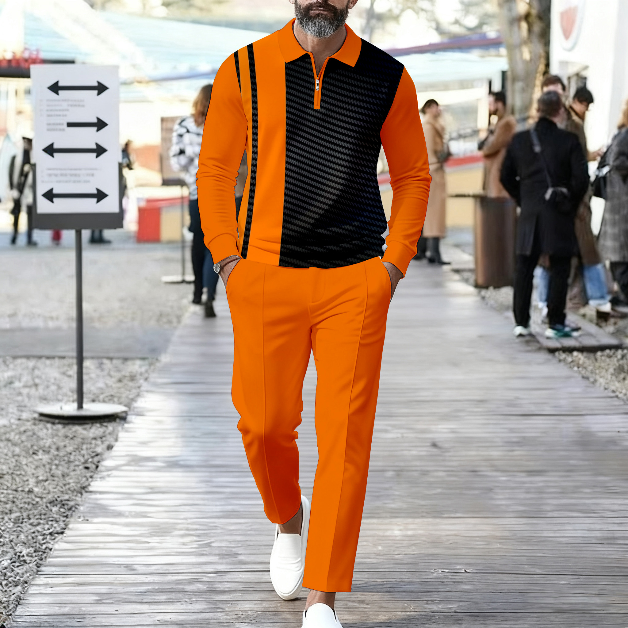 Conjunto de dos piezas casual Color Matching estampado Polo-Collar Zipper de manga larga Trousers para hombre