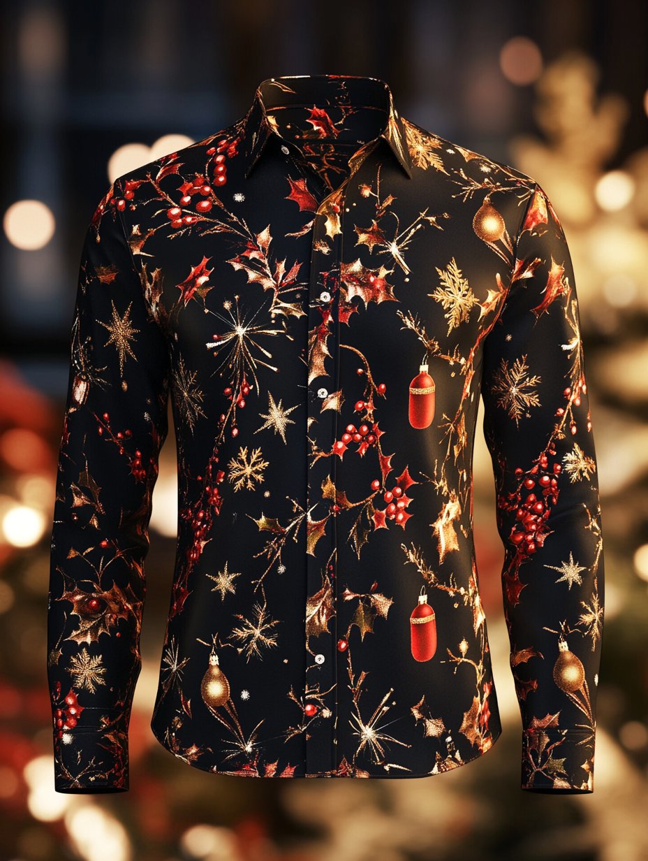 Camisa New Year Christmas estampado de manga larga para hombre