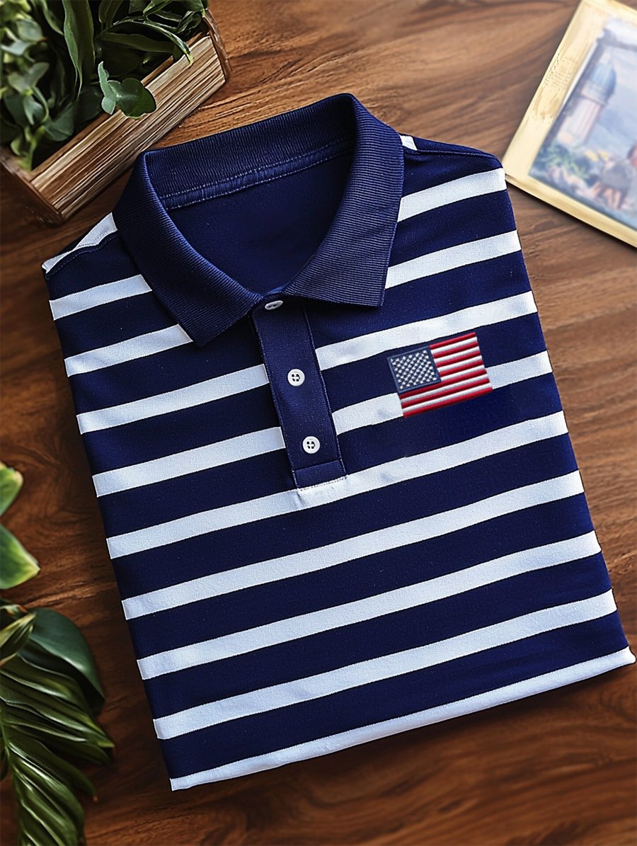 Camisa polo ejecutivo casual Independence Day a rayas Button de manga corta para hombre