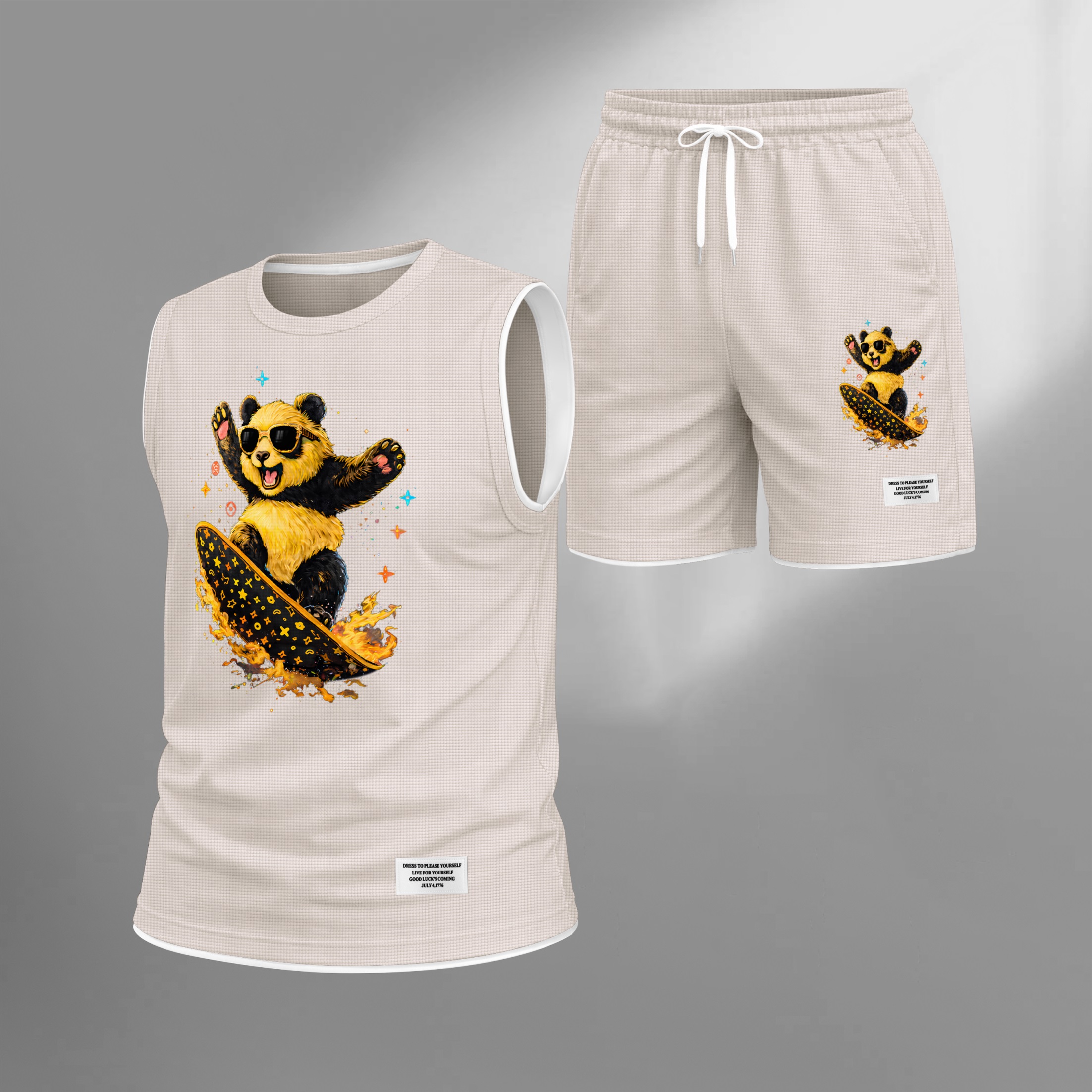 Shorts Cartoon Panda Graphic estampado Summer Set Sleeveless Tank Top & Matching Outfit, Skateboard Style Animal estampado Lightweight casual Streetwear Athletic Set for Everyday & Holiday para hombre