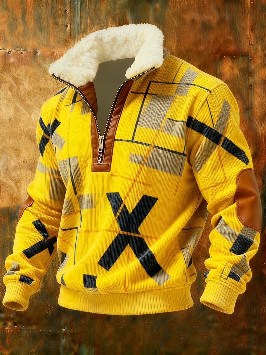 Sudadera retro geométrico Quarter Zip polar Neck para hombre