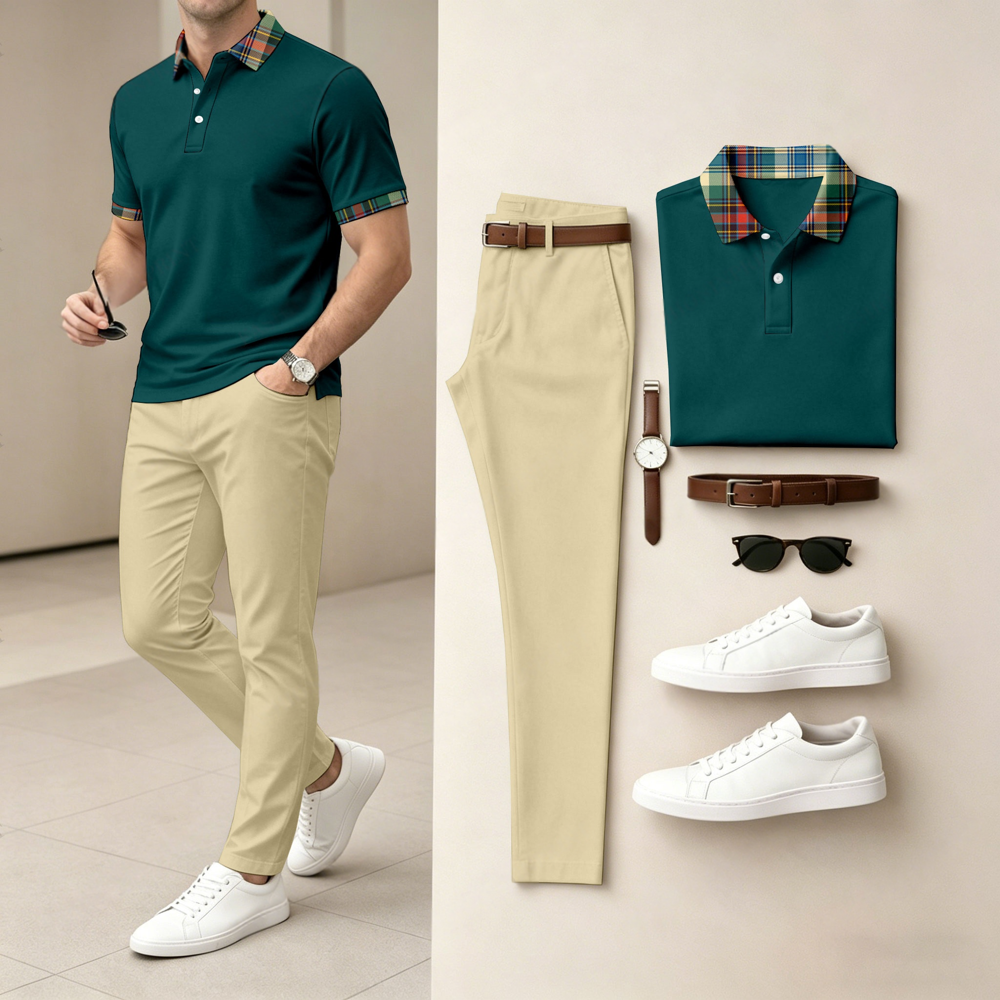 Conjunto de dos piezas casual Pure Green estampado camisa polo And pantalón para hombre