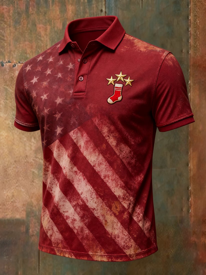 Camisa polo vintage Christmas American Flag con botones de manga corta para hombre