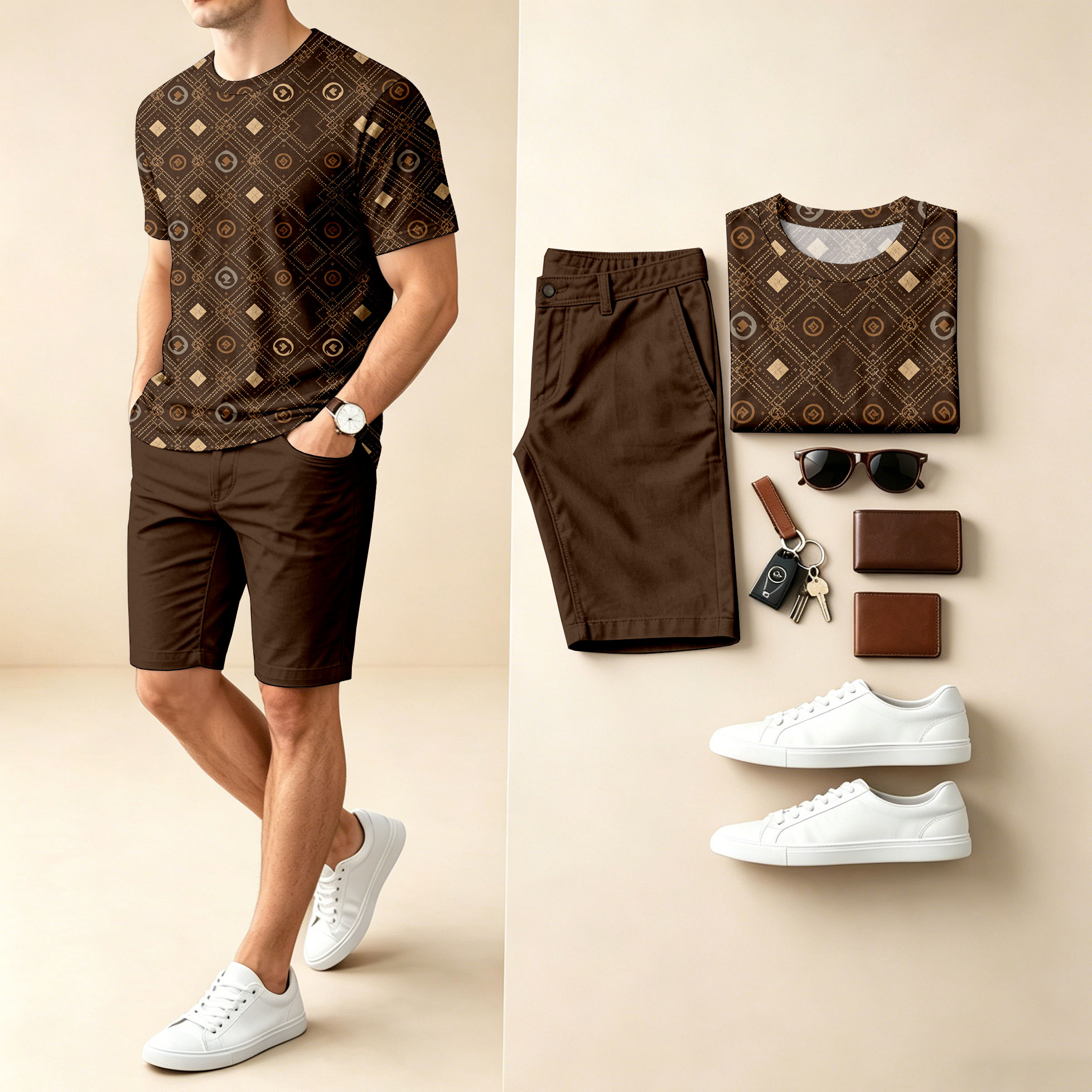 Conjunto de dos piezas casual Coin-estampado Round-Neck de manga corta camiseta And shorts para hombre