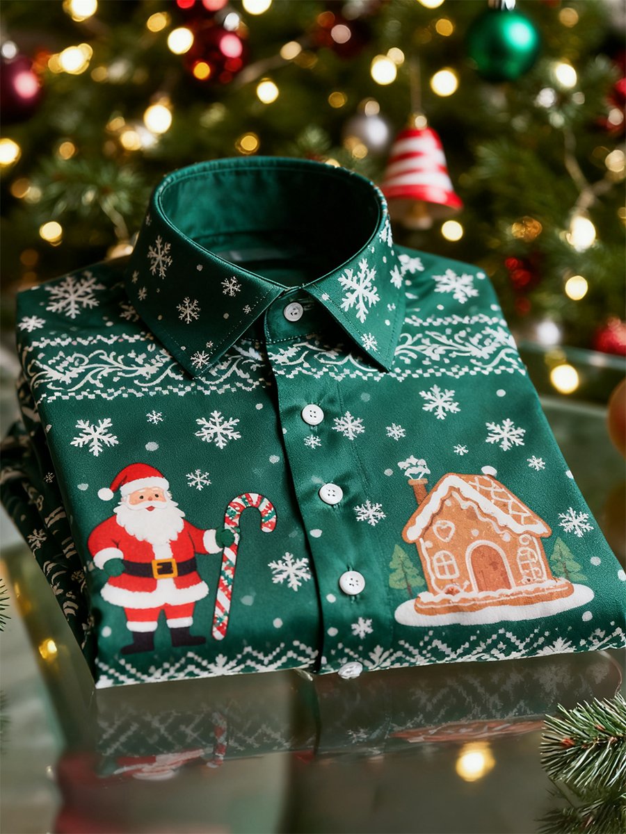 Camisa Christmas de manga larga con botones para hombre
