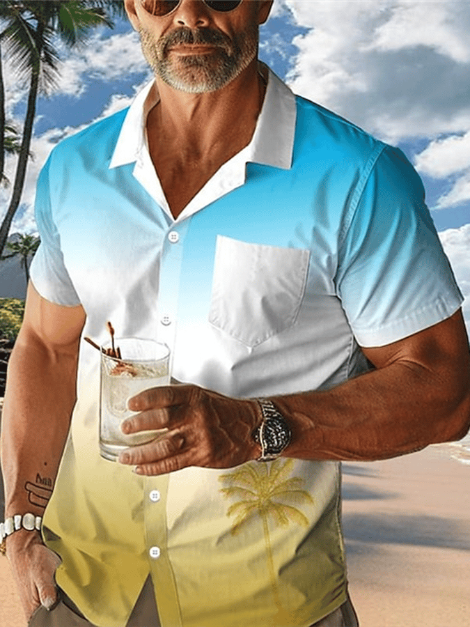 Camisa Palm Tree Gradient Resort Hawaiian estampado casual de manga corta para hombre