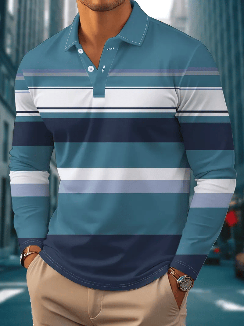 Camisa polo retro ejecutivo rayas estampado de manga larga para hombre