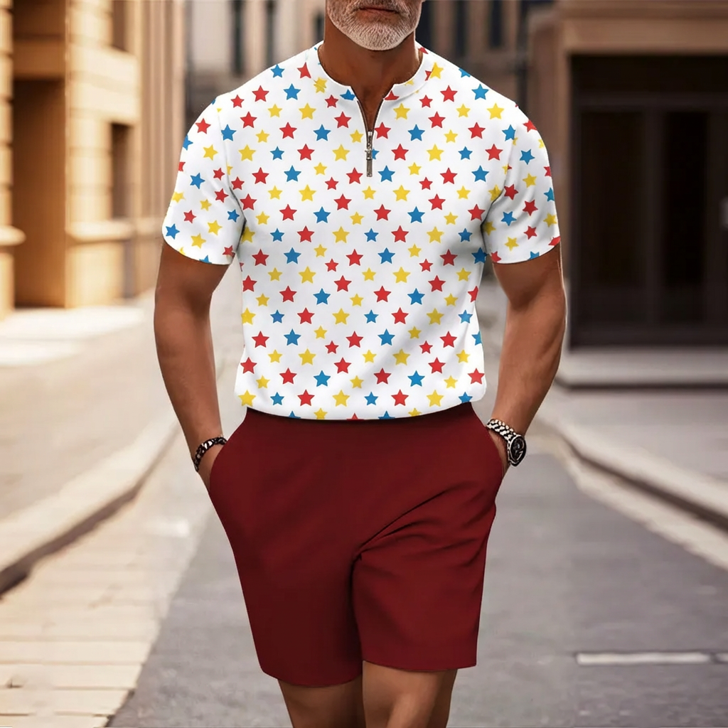 Conjunto de dos piezas casual Colorful Polka Dot estampado de manga corta camiseta And shorts para hombre