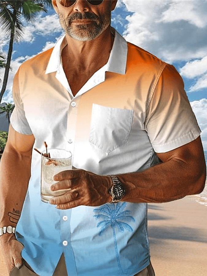 Camisa Palm Tree Gradient Resort Hawaiian estampado casual de manga corta para hombre