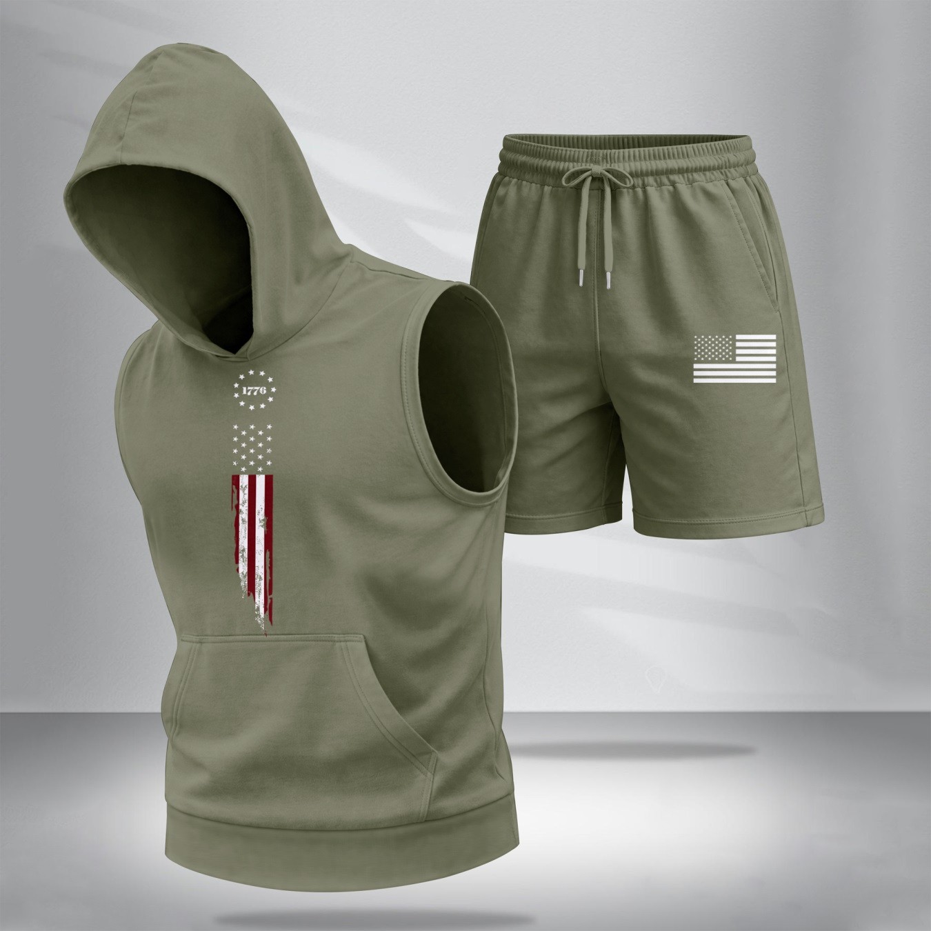 Conjunto de dos piezas American Flag estampadoHooded Tank Top & shorts Set, Regular Fitcasual Athletic de moda Activewear SleevelessTop & shorts, Summer Clothes para hombre