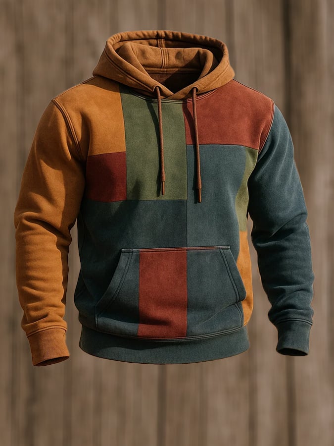 Sudadera retro desgastado en bloques de color estampado casual de manga larga para hombre