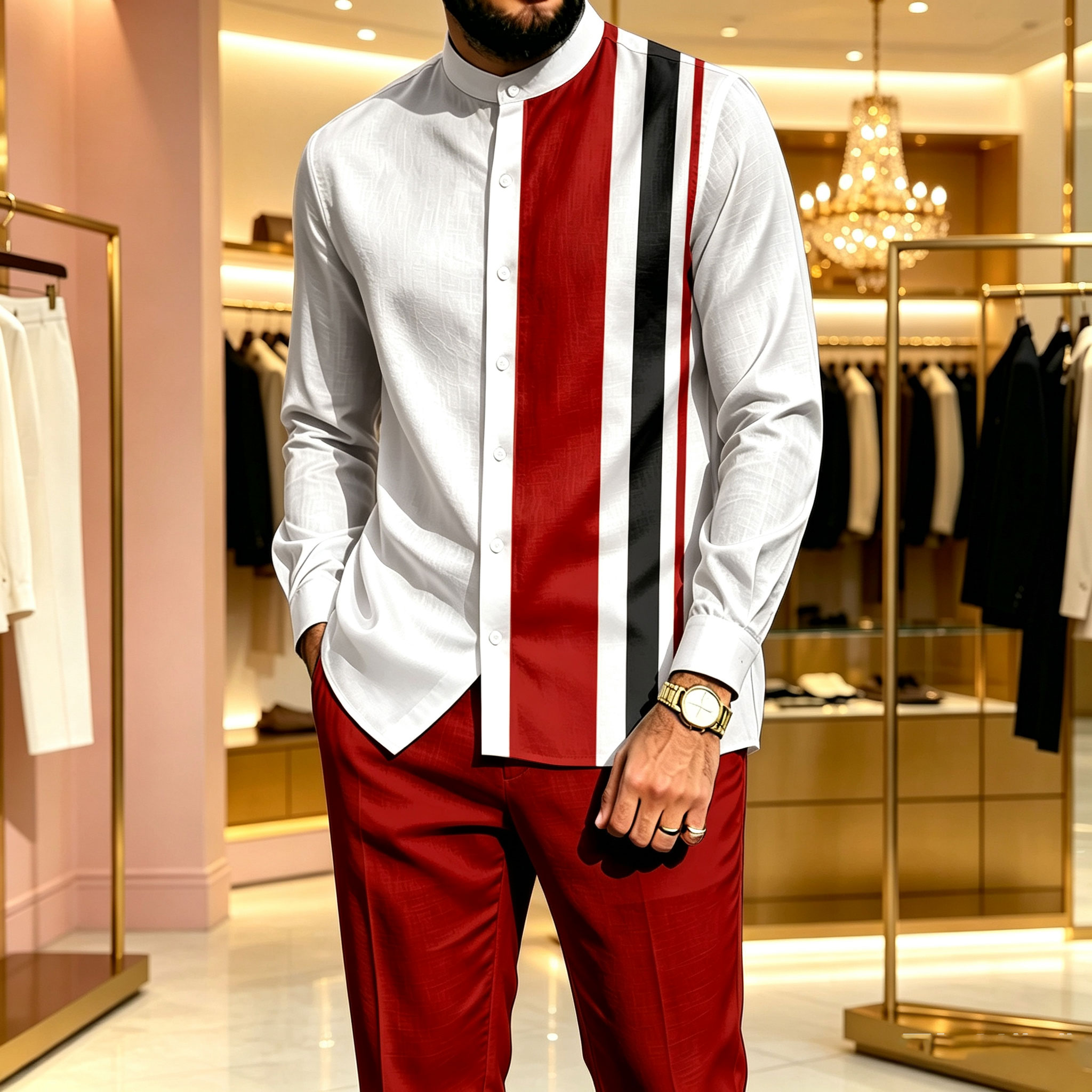 para hombre casual Red-and-White Block-Print Stand-Collar de manga larga camisa and pantalón conjunto de dos piezas