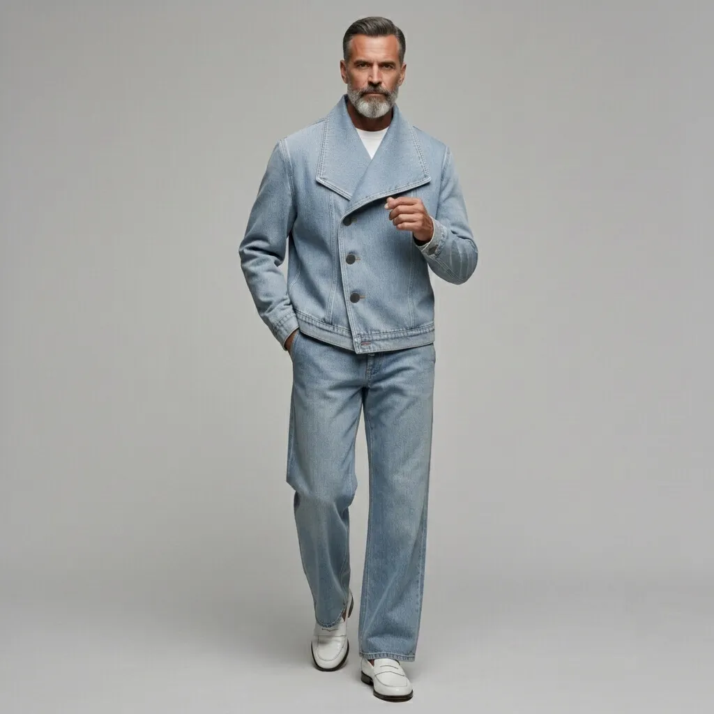 Chaqueta casual Light Blue Asymmetric Single Breasted Lapel Collar Denim para hombre