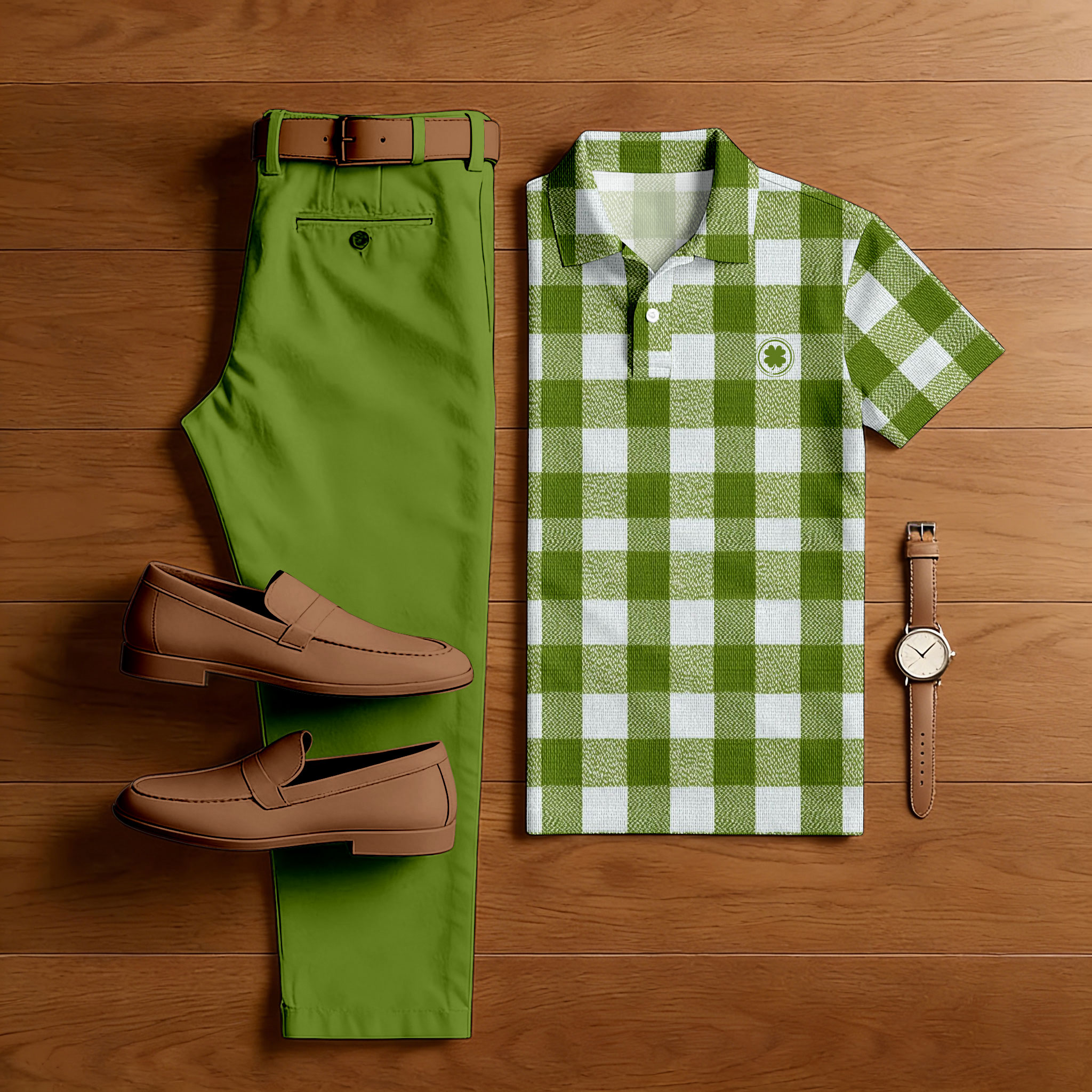 Conjunto de dos piezas casual Green & White Color Matching St. Patrick's Day Checkered estampado de manga corta camisa polo & Trousers para hombre