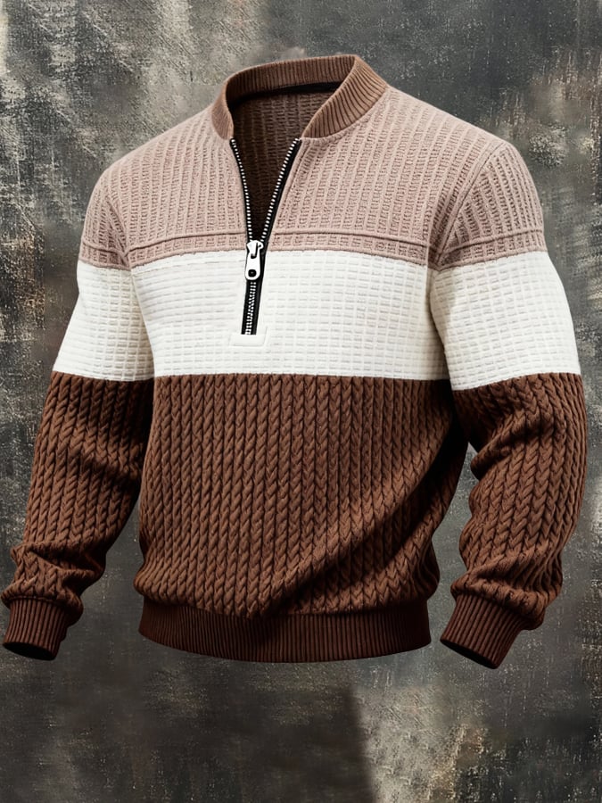 Sudadera casual retro Half-Zip Stand-cuello de manga larga para hombre