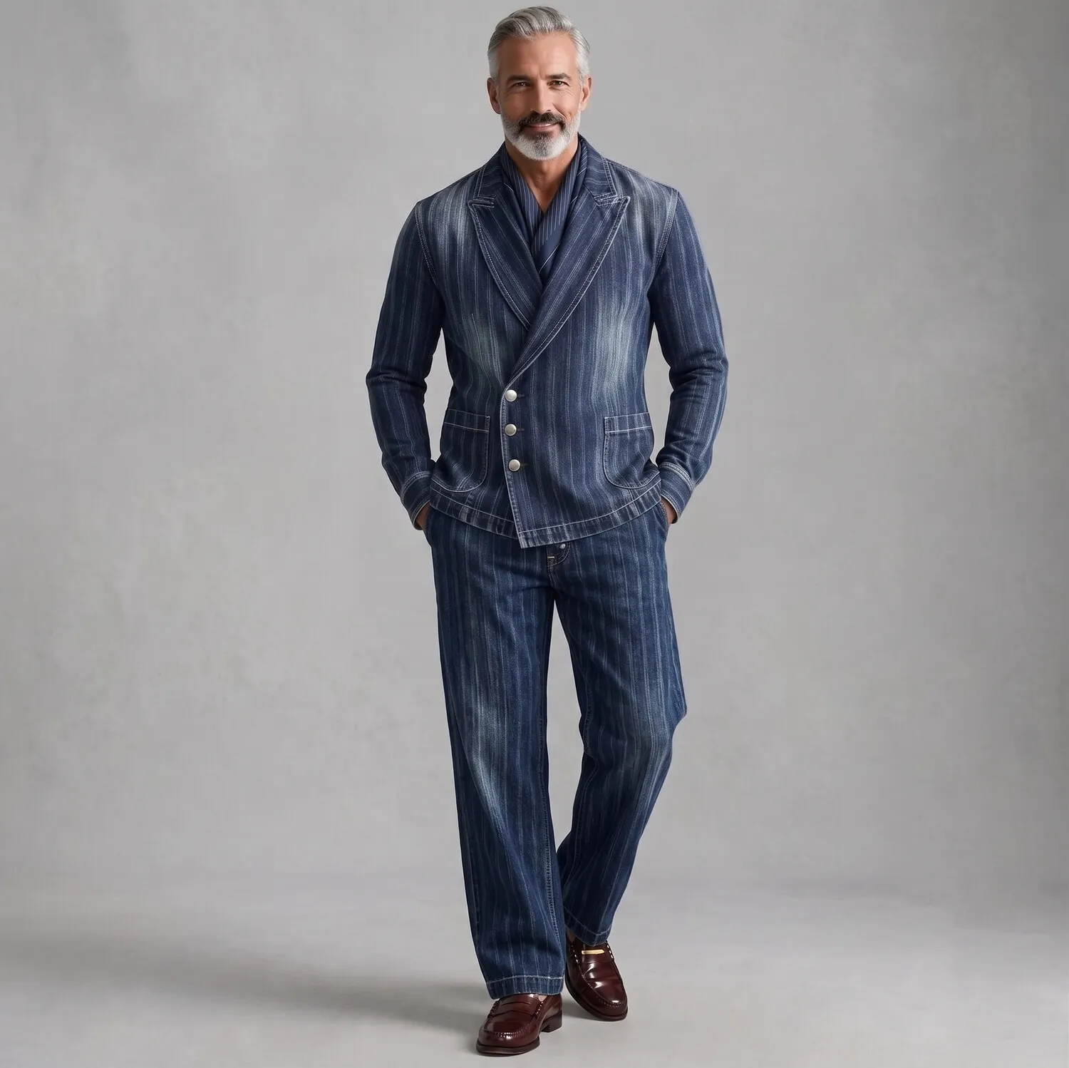 para hombre Navy Blue a rayas Denim Peak Lapel Asymmetric Single Breasted saco
