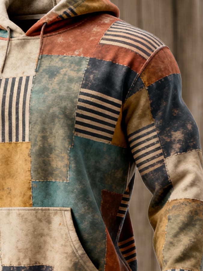 Sudadera retro desgastado en bloques de color estampado casual de manga larga para hombre