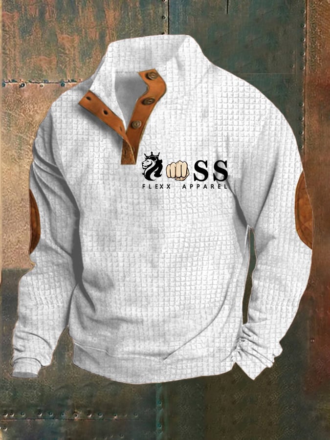 Sudadera vintage Lettering estampado Stand cuello Check Button para hombre