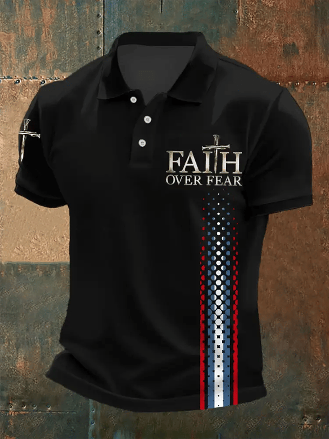 Camisa polo retro Faith “Faith Over Fear�? casual estampado para hombre