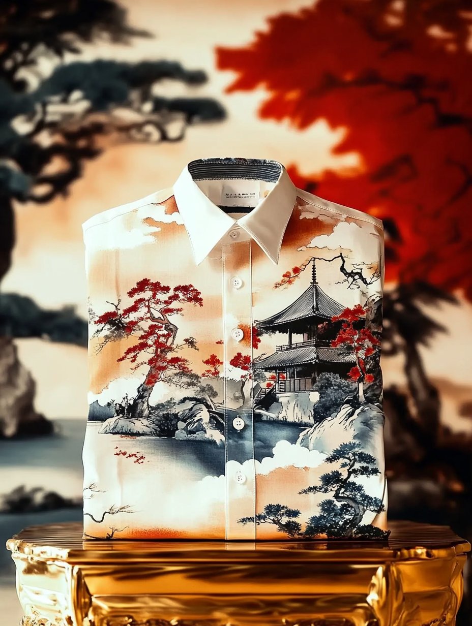 Camisa de lujo clásico Ukiyo-e de manga larga para hombre