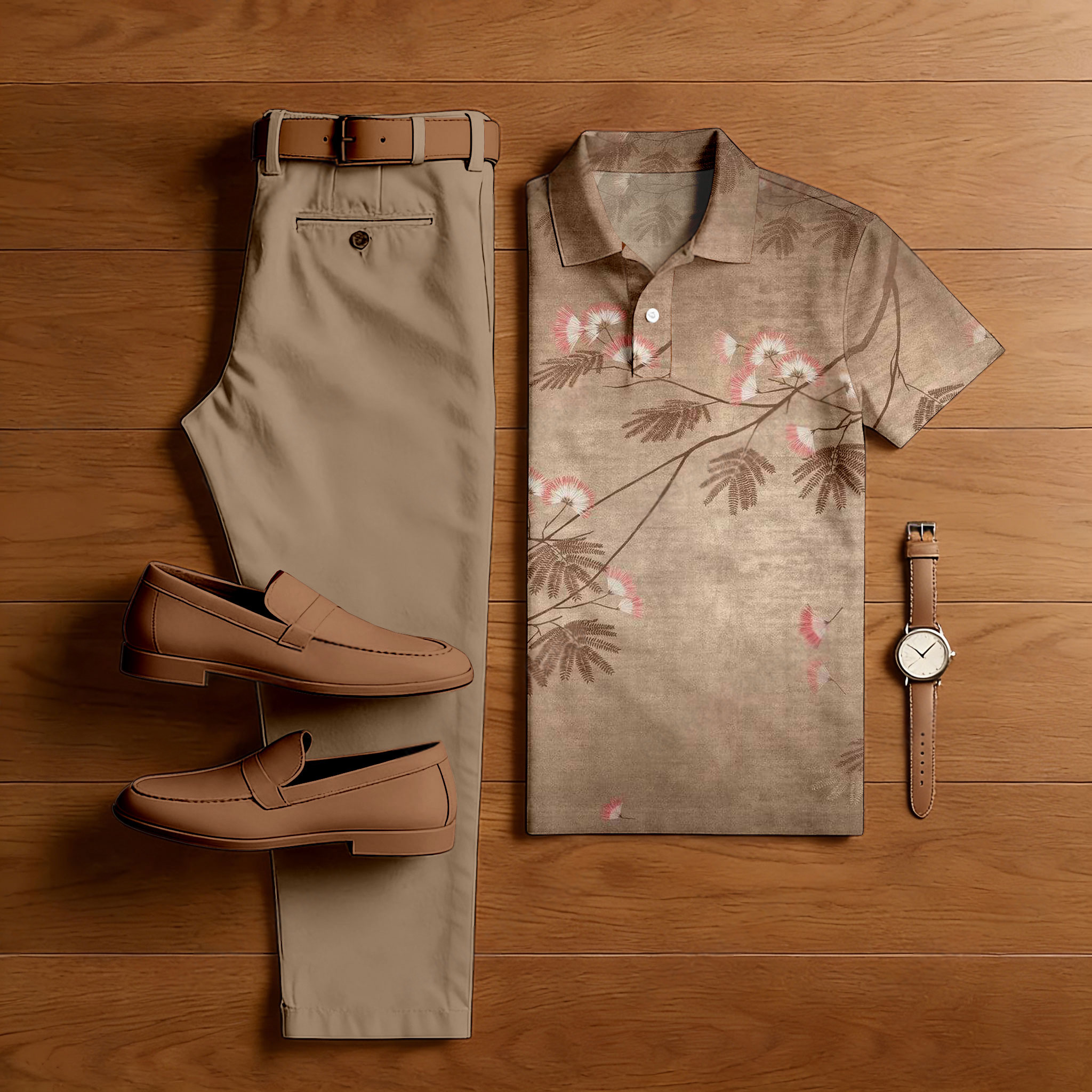 Conjunto de dos piezas casual Brown Leaves estampado camisa polo And pantalón para hombre
