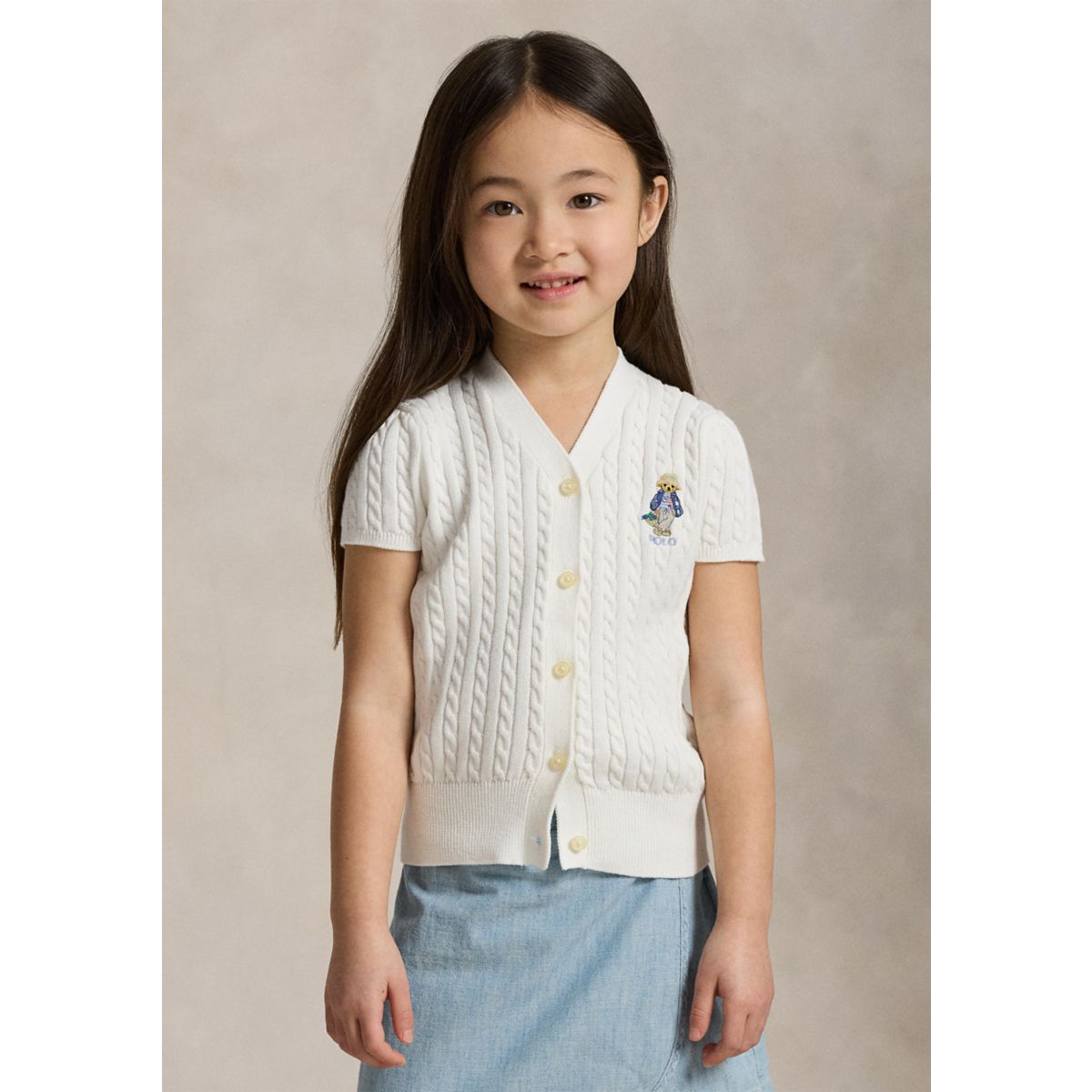 Girls 2-6x Polo Bear Cable Cotton V-Neck Cardigan - 1