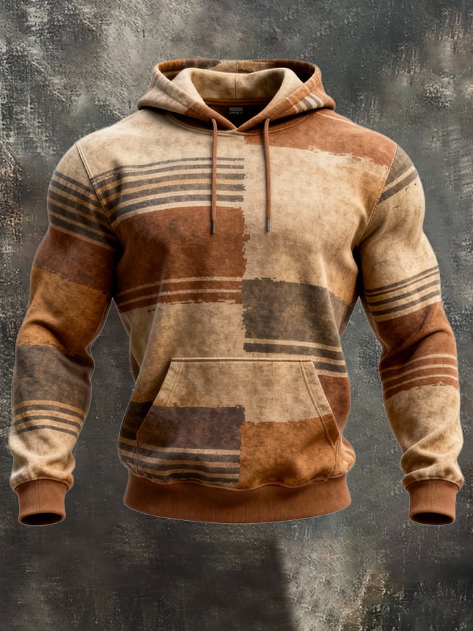 Sudadera retro desgastado en bloques de color estampado casual de manga larga para hombre