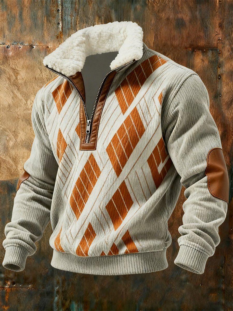 Sudadera retro geométrico Quarter Zip polar Neck para hombre