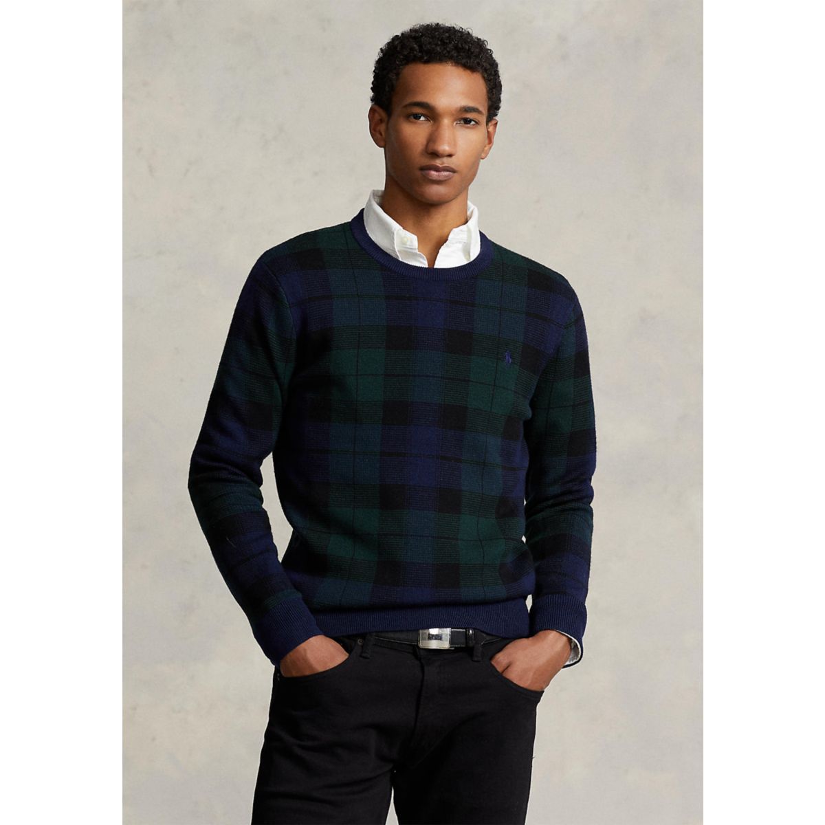 Plaid Washable Wool Sweater - 1