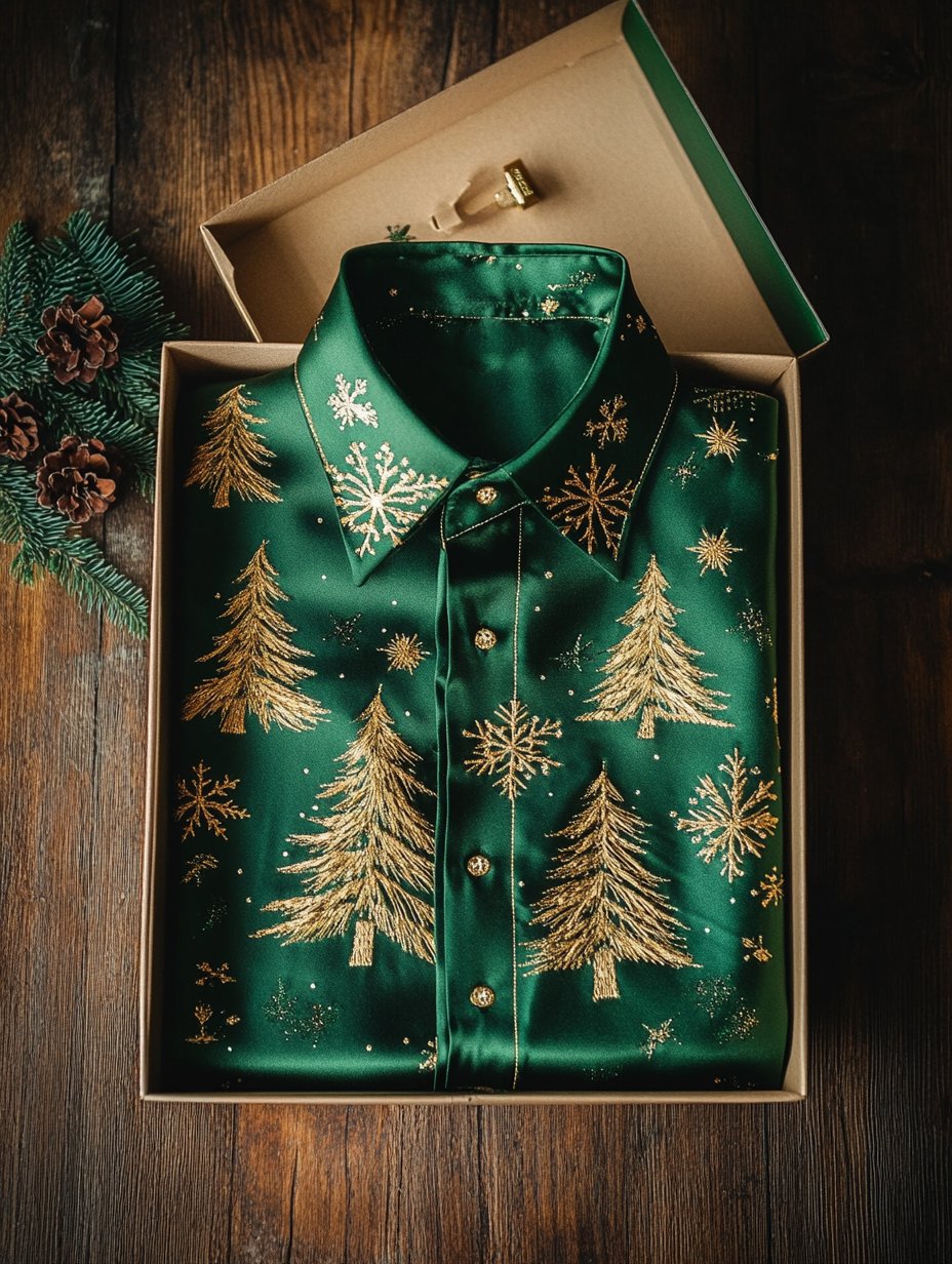 Camisa ejecutivo retro Christmas Evergreen Tree Snowflake estampado de manga larga para hombre