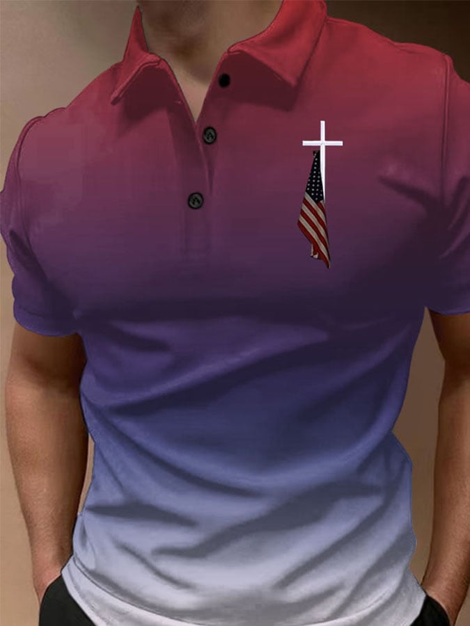 Casual degradado estampado estampado Button cuello Polo Top para hombre